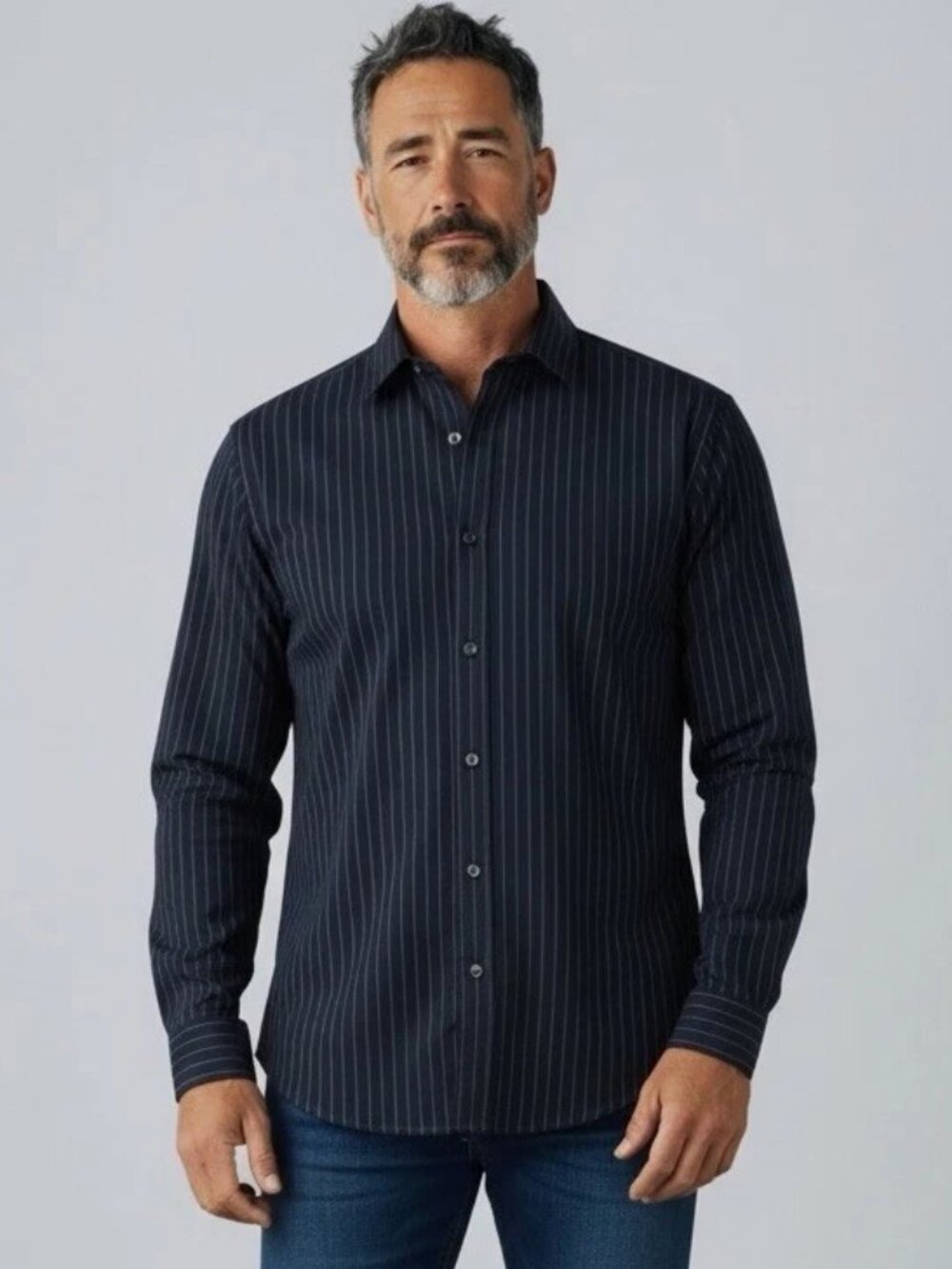 UNTUCKit Meridian Long Sleeve Flannel Shirt In Navy pinstripe - XXL
